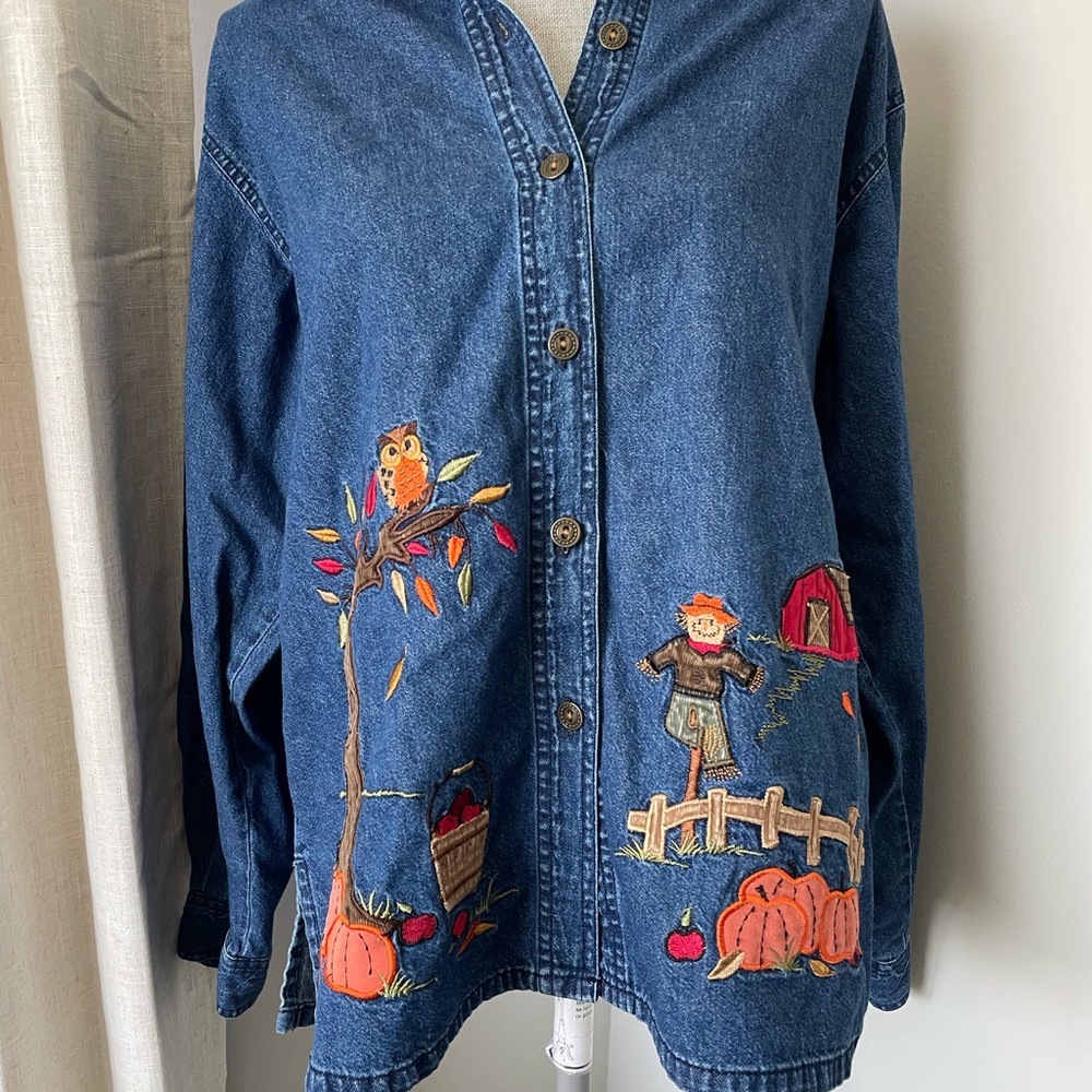 Southern Lady Denim Buttondown with Autumn Embroidery